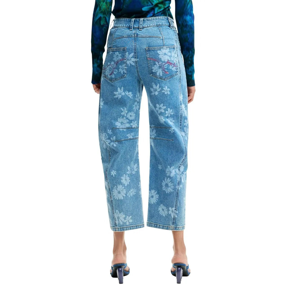 Desigual Women Floral Denim Jeans Light Blue Stretch Cotton Comfort Fashion by Desigual