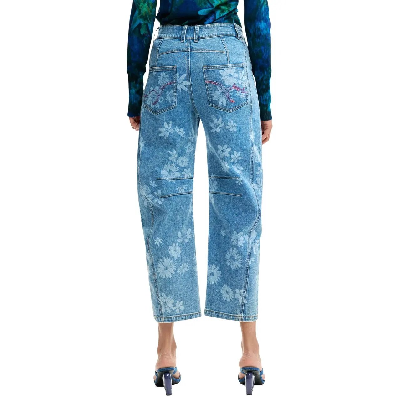 Desigual Women Floral Denim Jeans Light Blue Stretch Cotton Comfort Fashion by Desigual