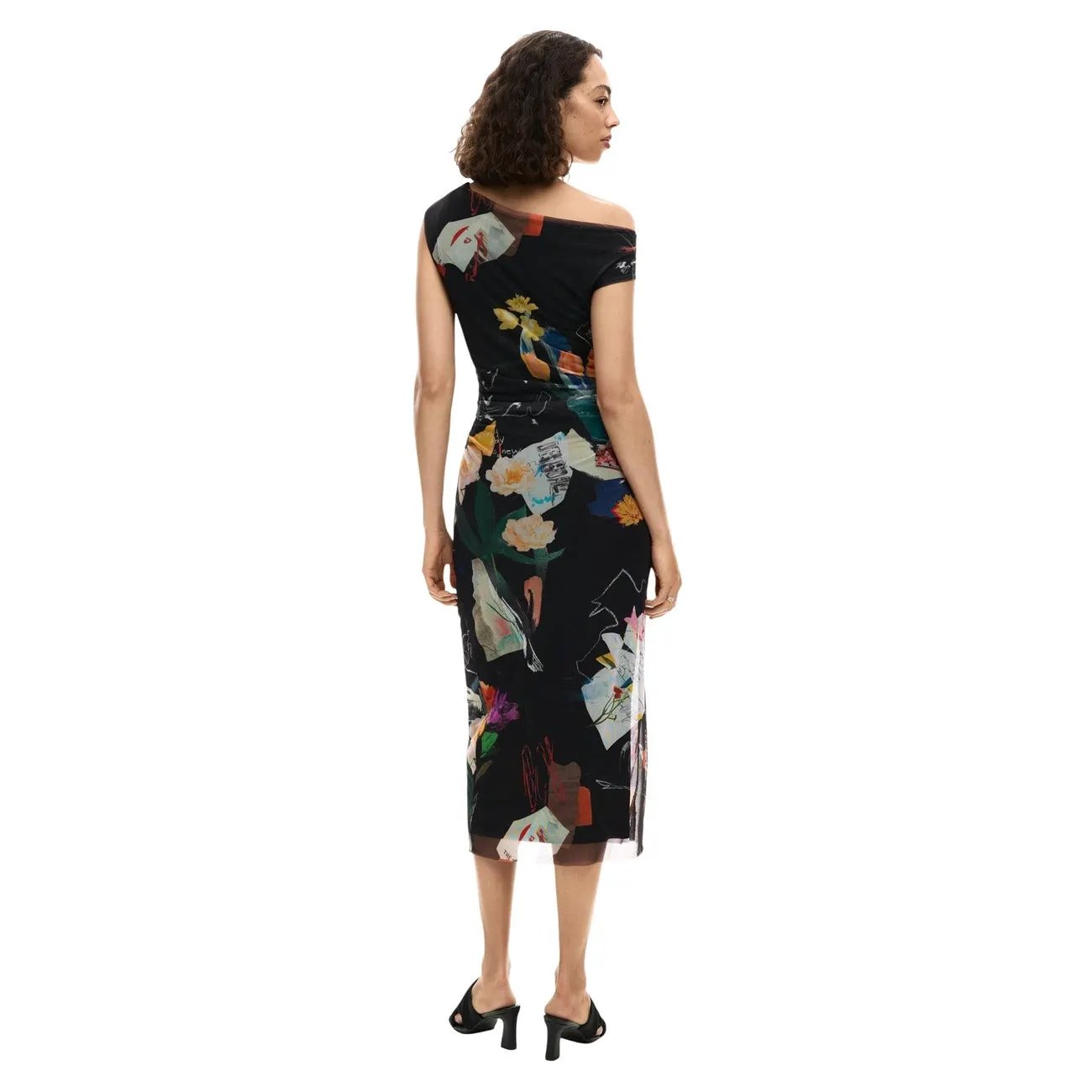 Desigual Women Elegant Black Abstract Print Stretch One Shoulder Dress by Desigual