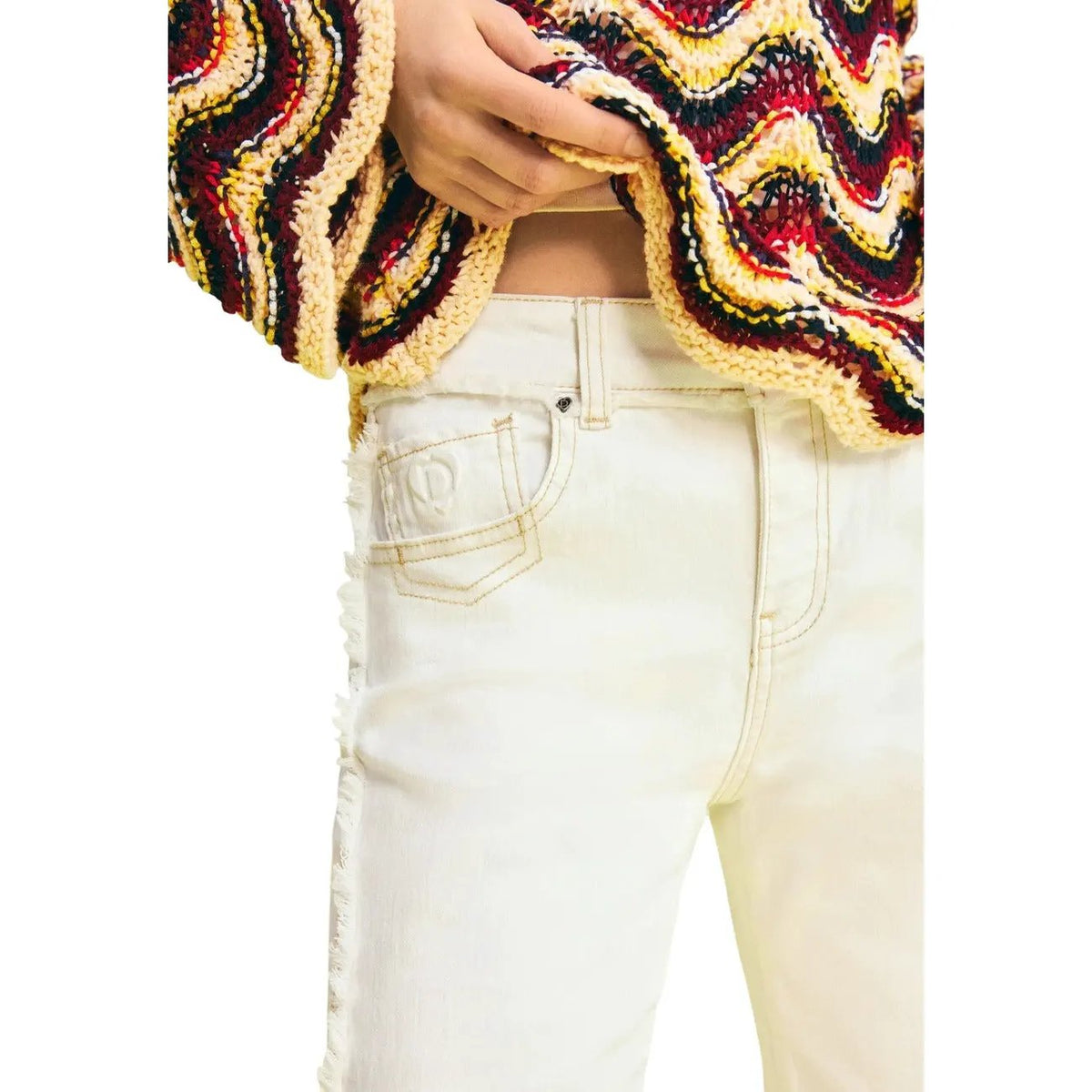 Desigual Women Beige Cotton Stretch Fringe Flare Wide Leg Jeans by Desigual
