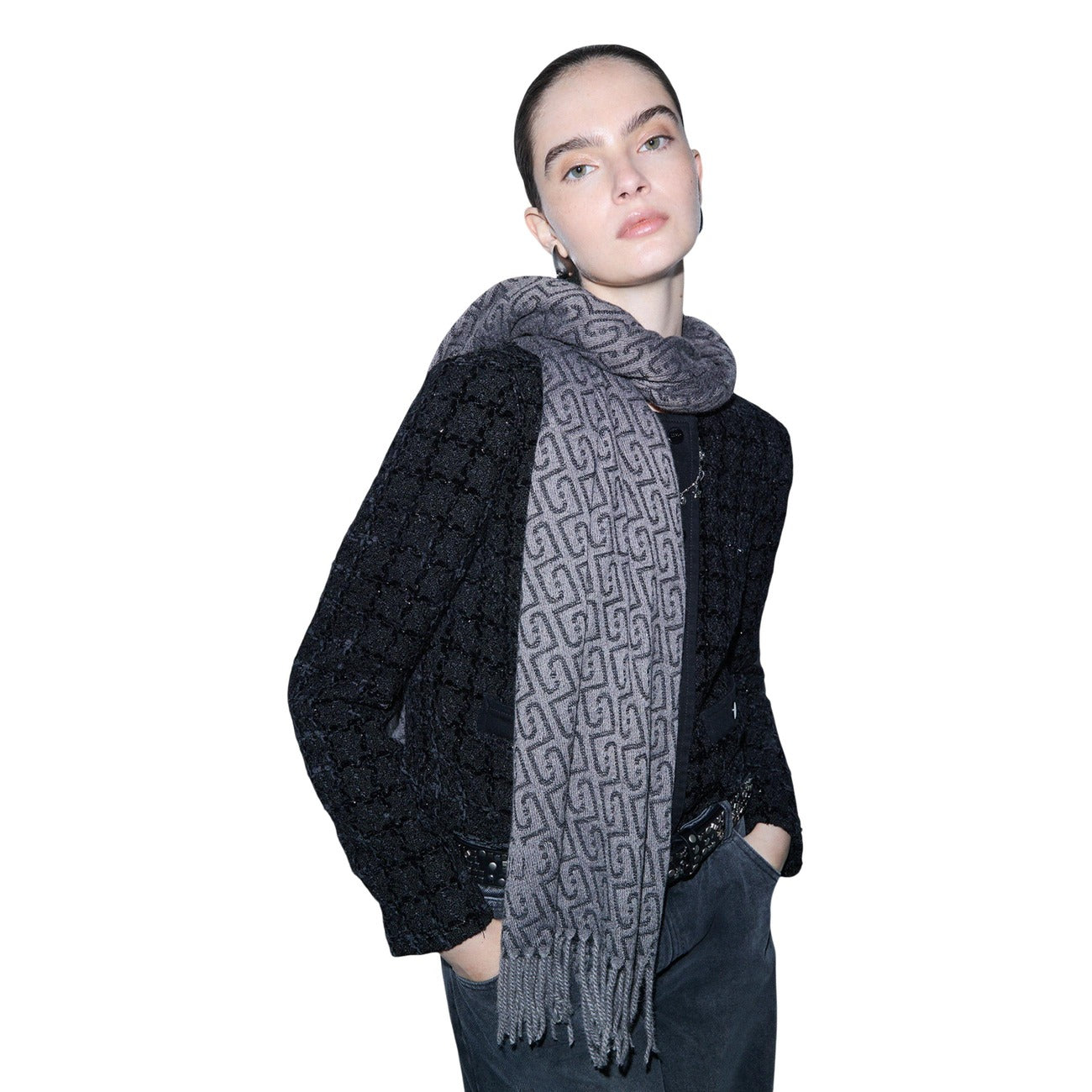 Liu Jo Women Elegant Grey Patterned Winter Scarf Shawl With Fringe Detail by Liu Jo