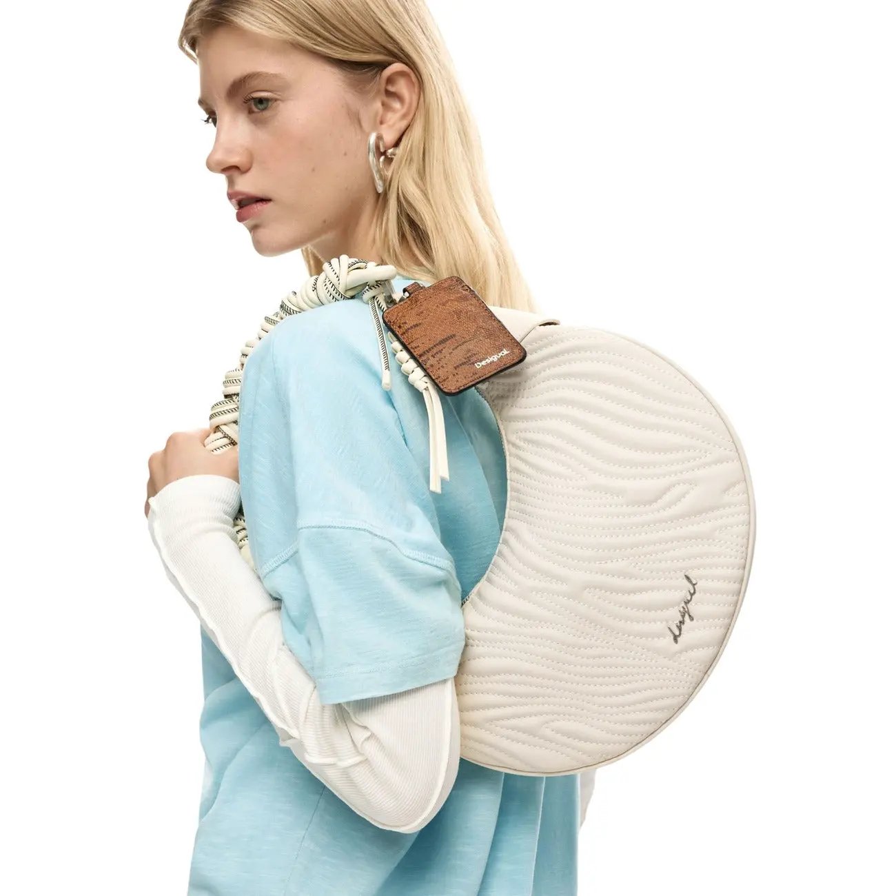 Desigual Women Beige Braided Crescent Handbag With Zip Inside Pocket by Desigual