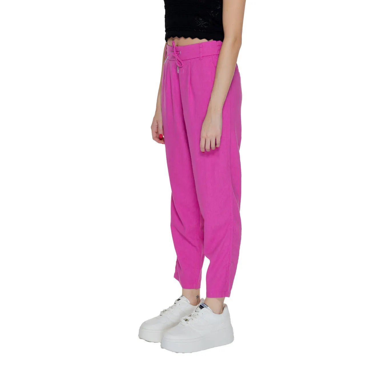 Only Women Pink Breathable Linen Trousers Lace Up Waist Pockets by Only