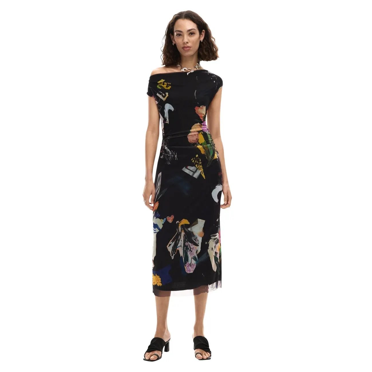 Desigual Women Elegant Black Abstract Print Stretch One Shoulder Dress by Desigual