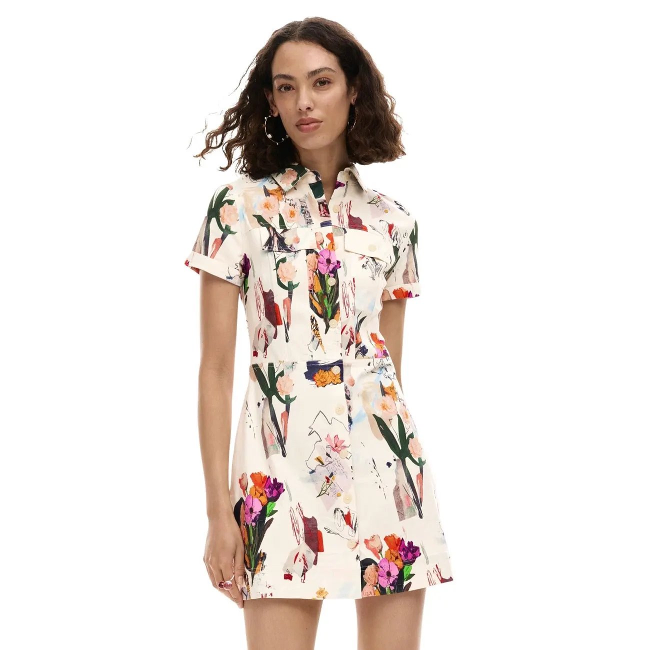 Desigual Women Elegant Floral Button Shirt Dress Front Pocket Beige by Desigual