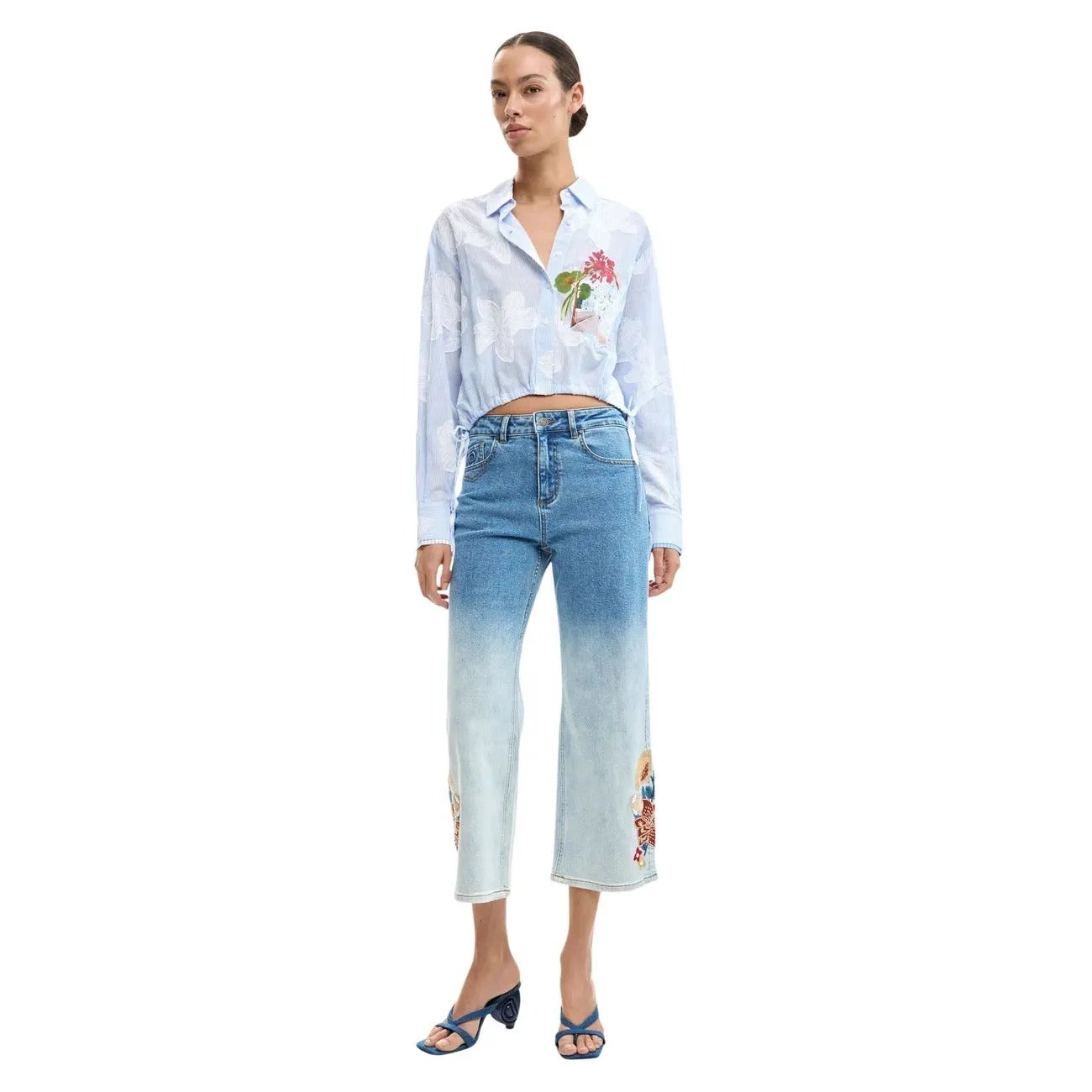 Desigual Women Elegant Light Blue Floral Cotton Long Sleeve Shirt by Desigual