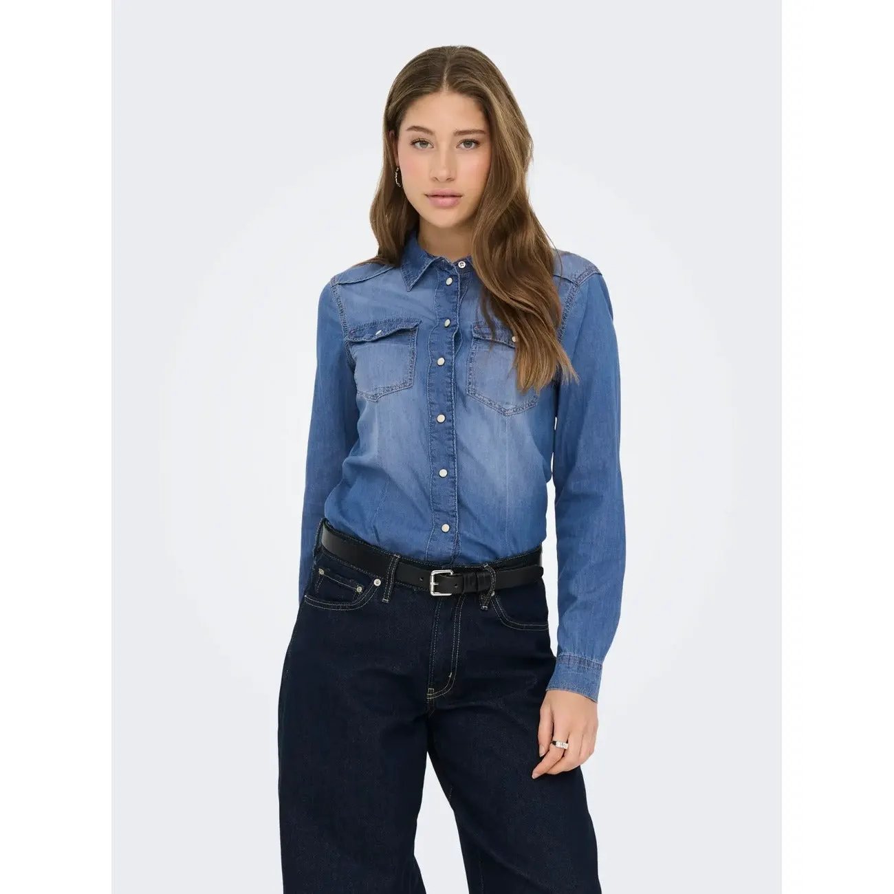 Only Women Long Sleeve Blue Denim Shirt 100% Cotton Classic Fit by Only