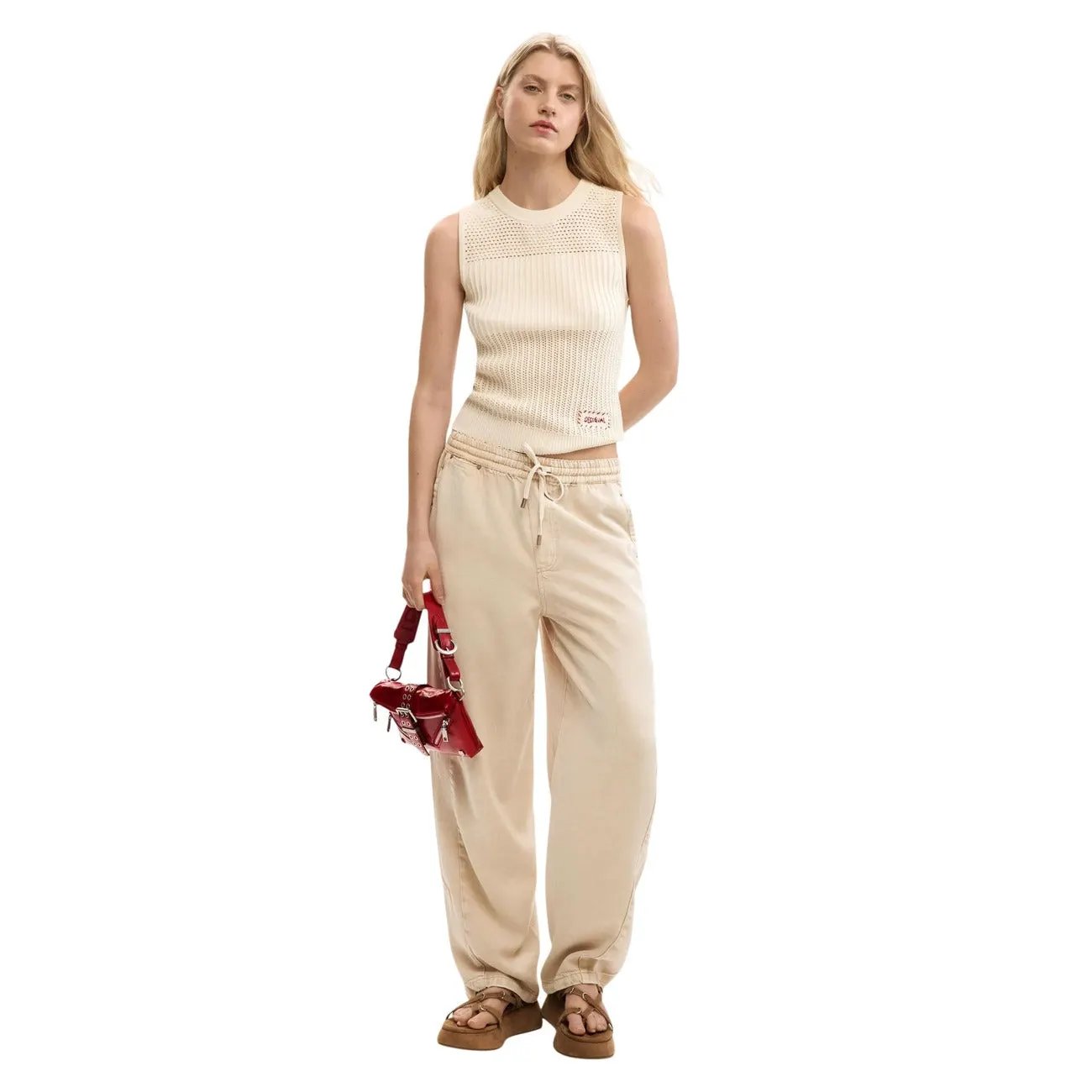 Desigual Women Stunning Beige Sleeveless Knit Top Breathable Cotton Blend by Desigual