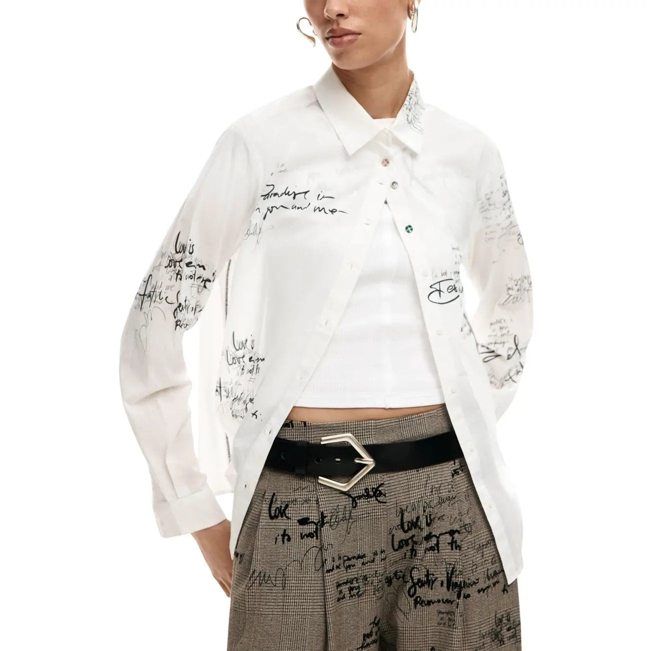 Desigual Women White Button-Front Shirt With Handwritten Script by Desigual