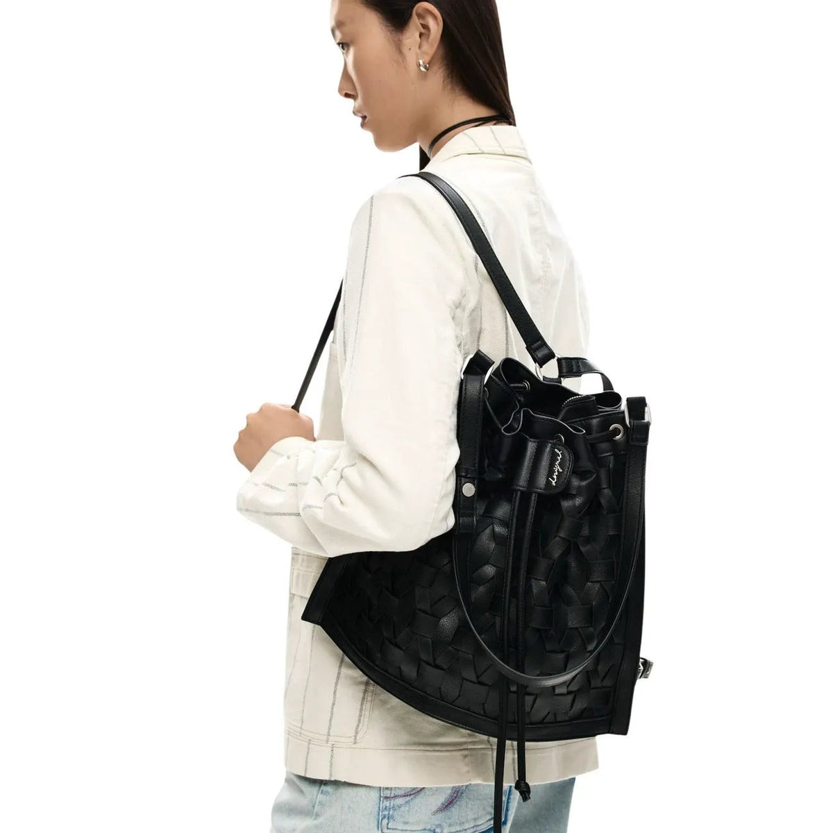 Desigual Women Stylish Black Woven Bucket Bag With Drawstring Inner Pocket by Desigual