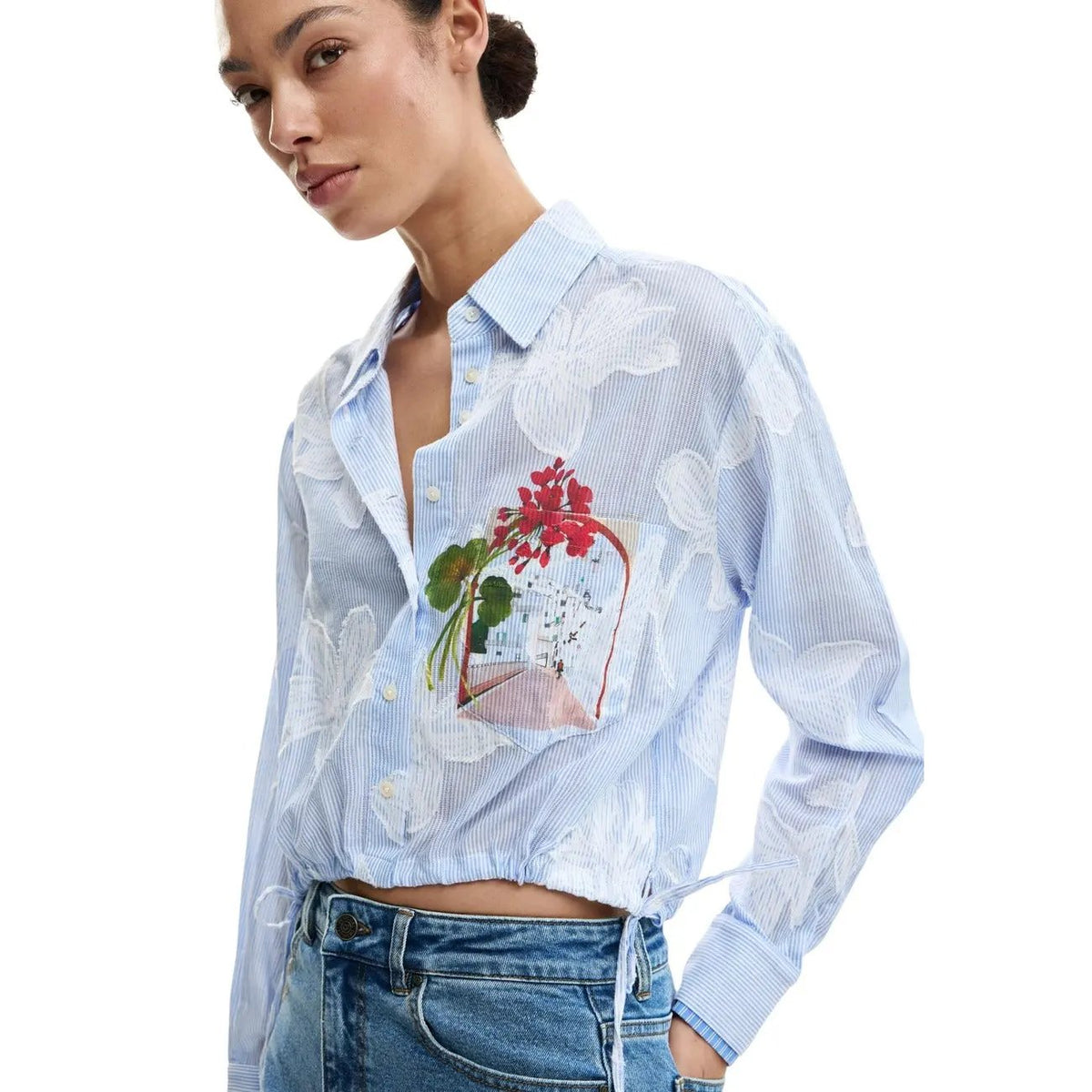 Desigual Women Elegant Light Blue Floral Cotton Long Sleeve Shirt by Desigual
