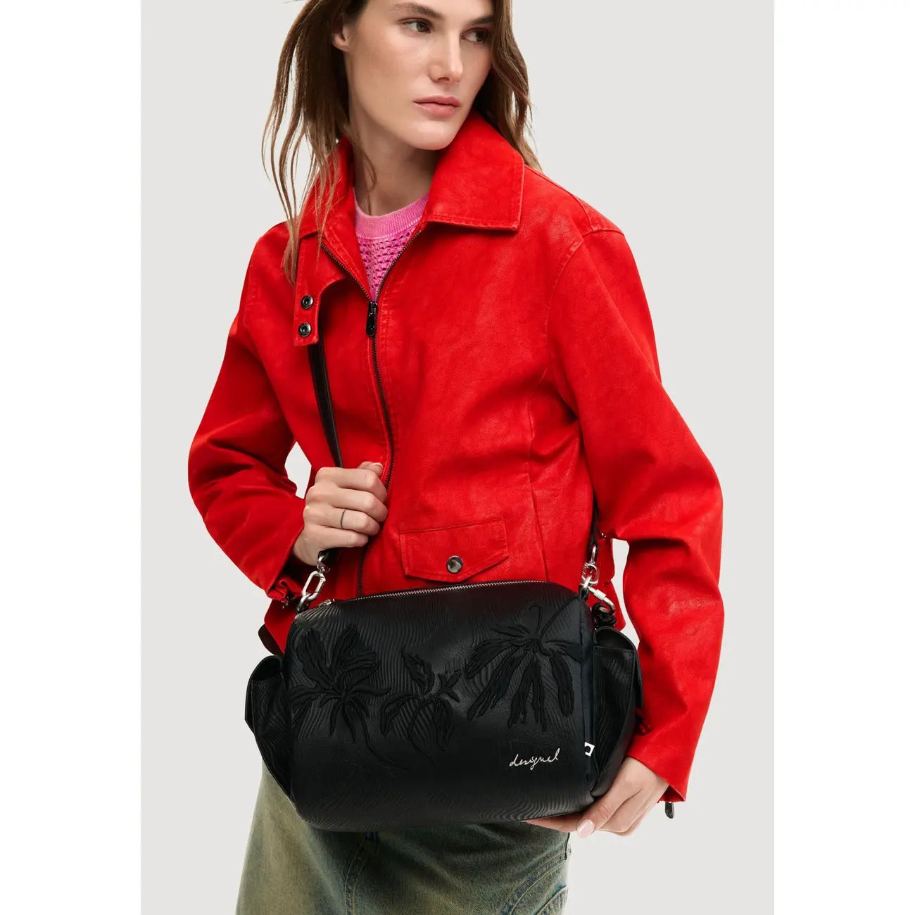 Desigual Women Premium Black Floral Embossed Shoulder Handbag With Zip Pockets by Desigual