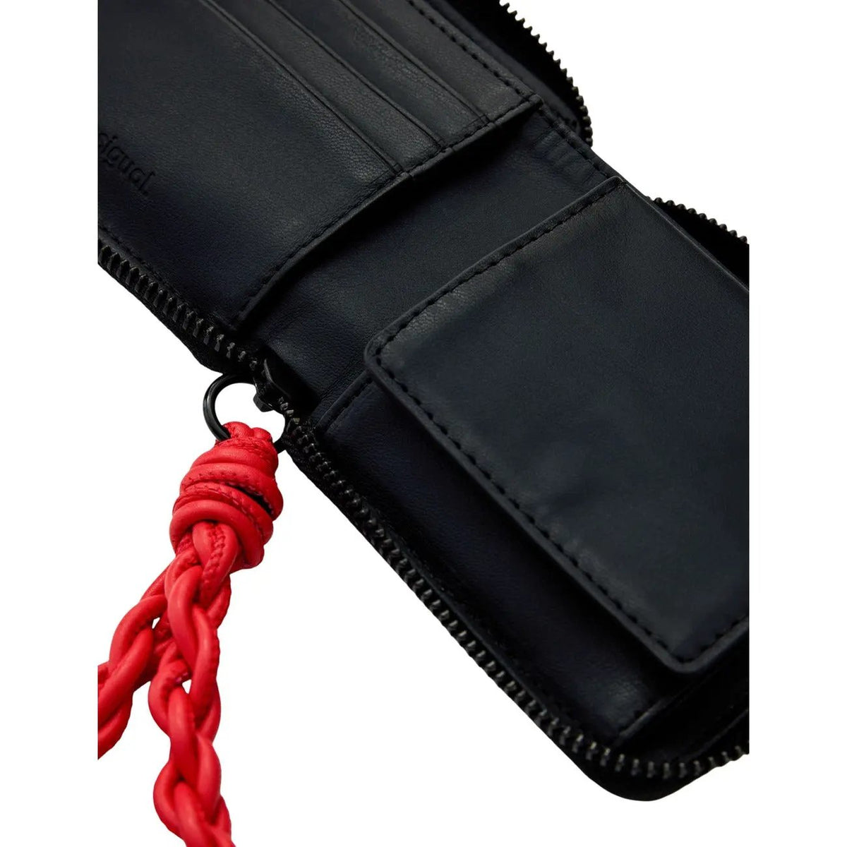 Desigual Women Stylish Black Pleated Zip Wallet With Braided Red Wrist Strap by Desigual