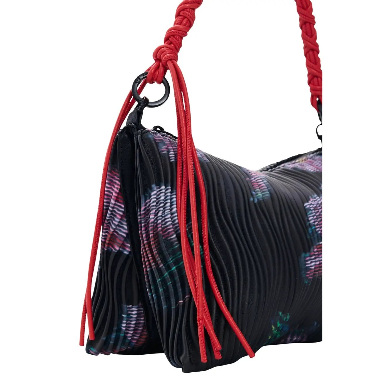Desigual Women Black Floral Pleated Shoulder Bag With Zip and Red Braided Handle by Desigual