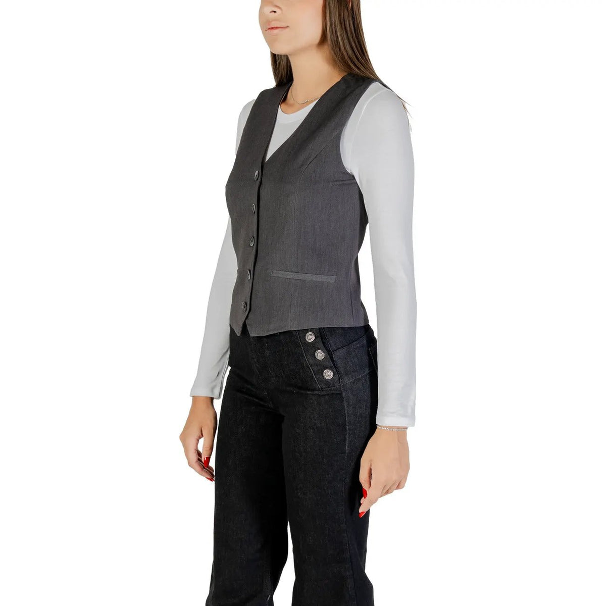Only Womens Essential Grey Button Front V-Neck Lightweight Gilet by Only
