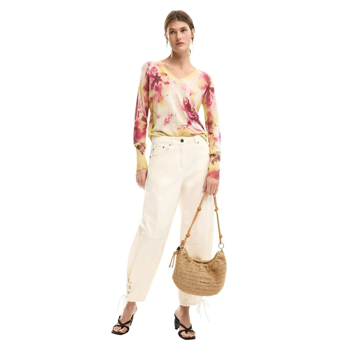 Desigual Women Elegant Floral V Neck Long Sleeve Knitwear Sweater Pink by Desigual