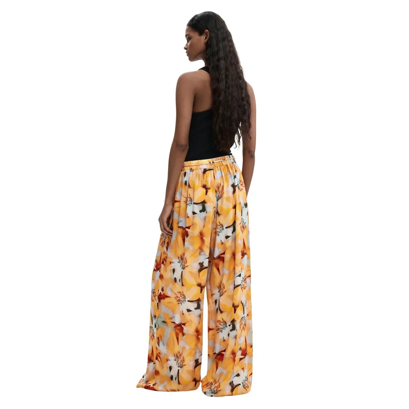 Desigual Women Vibrant Orange Floral Viscose Wide Leg Summer Trousers by Desigual