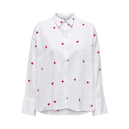 Only Women Stylish White Heart Print Cotton Long Sleeve Button Down Shirt by Only