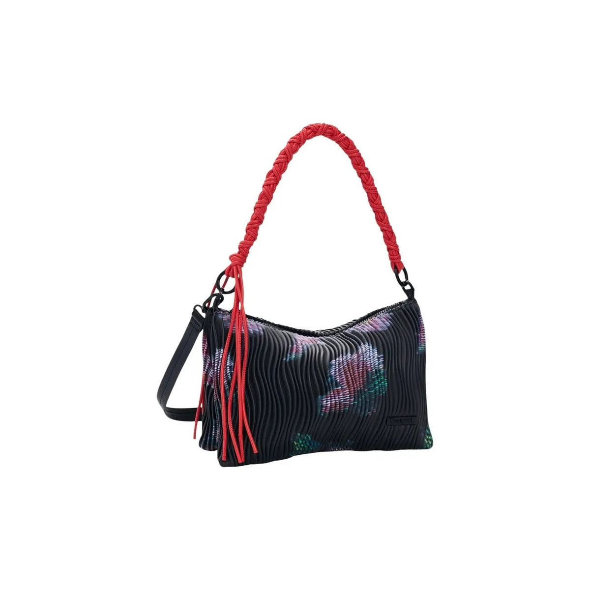 Desigual Women Black Floral Pleated Shoulder Bag With Zip and Red Braided Handle by Desigual