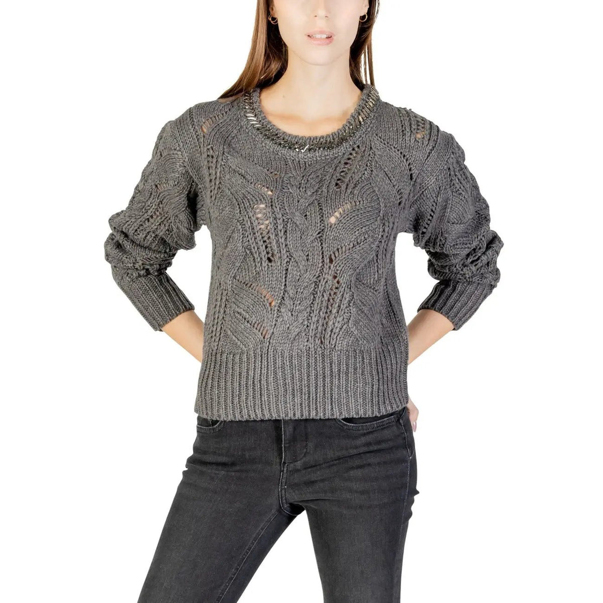 Liu Jo Women Grey Acrylic Wool Blend Cable Knit Long Sleeve Sweater by Liu Jo