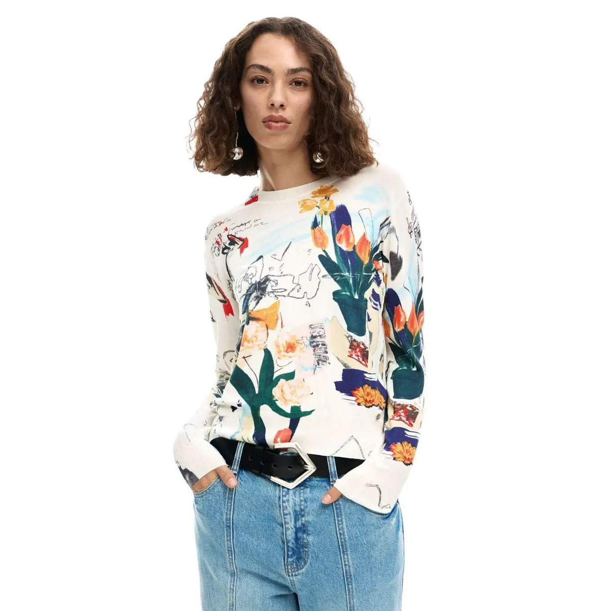 Desigual Women Stunning Floral Printed Knitwear Summer Top Long Sleeve by Desigual