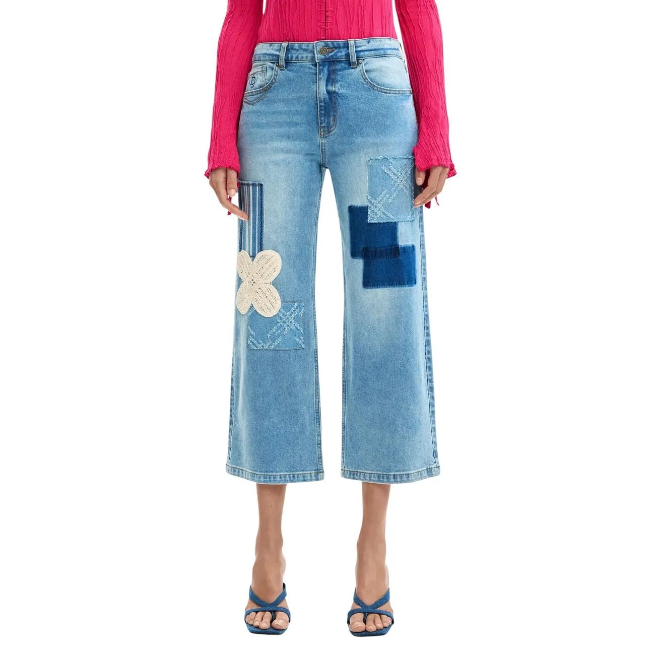 Desigual Women Light Blue Patchwork Wide Leg Jeans Stretch Comfort by Desigual