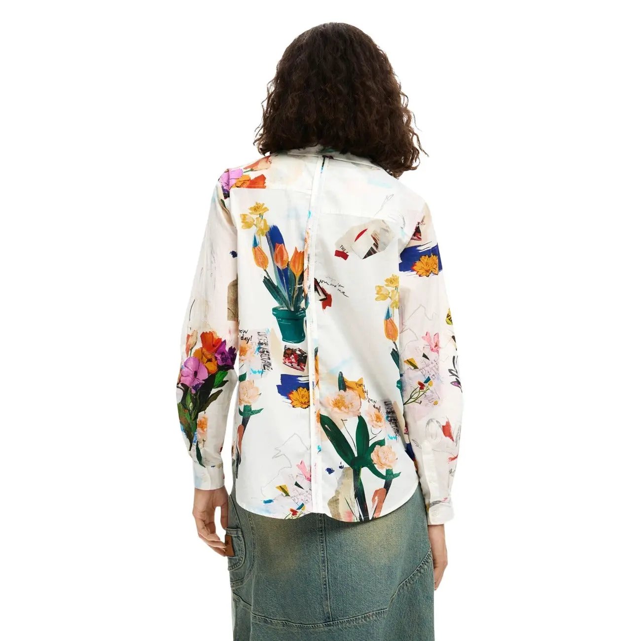 Desigual Women White Floral Print Long Sleeve Cotton Button Shirt by Desigual