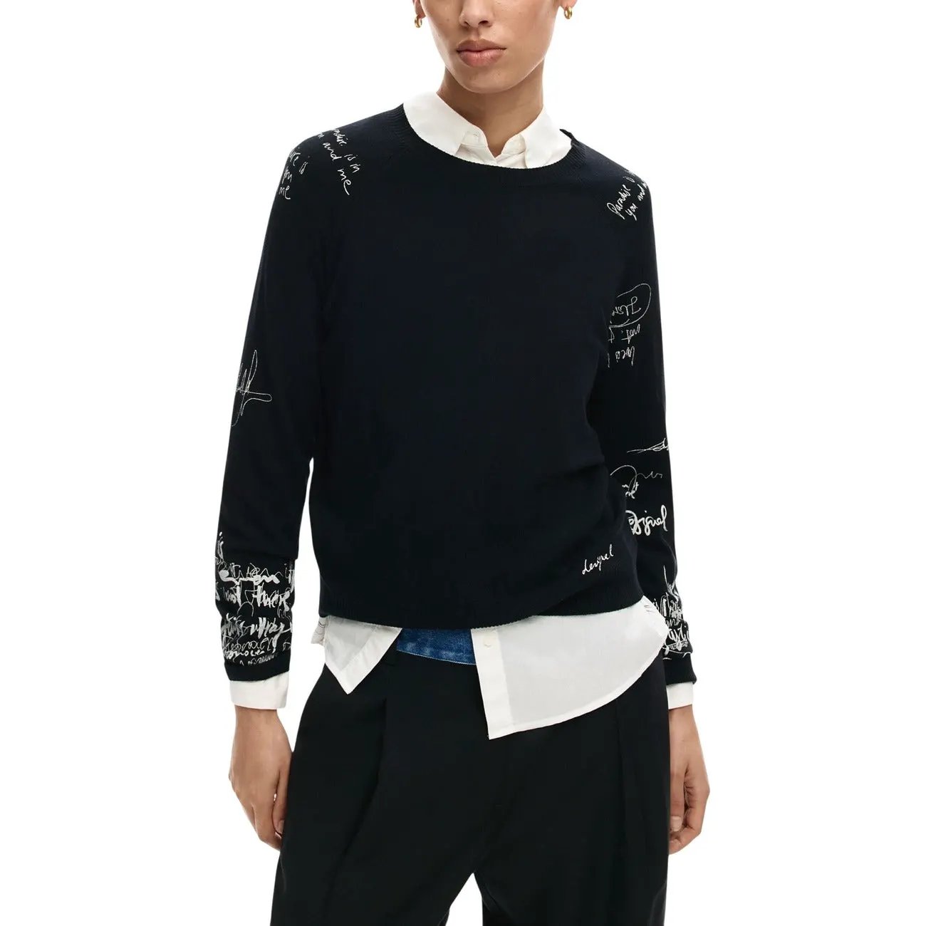 Desigual Women Elegant Black Script Print Long Sleeve Knitwear Sweater by Desigual