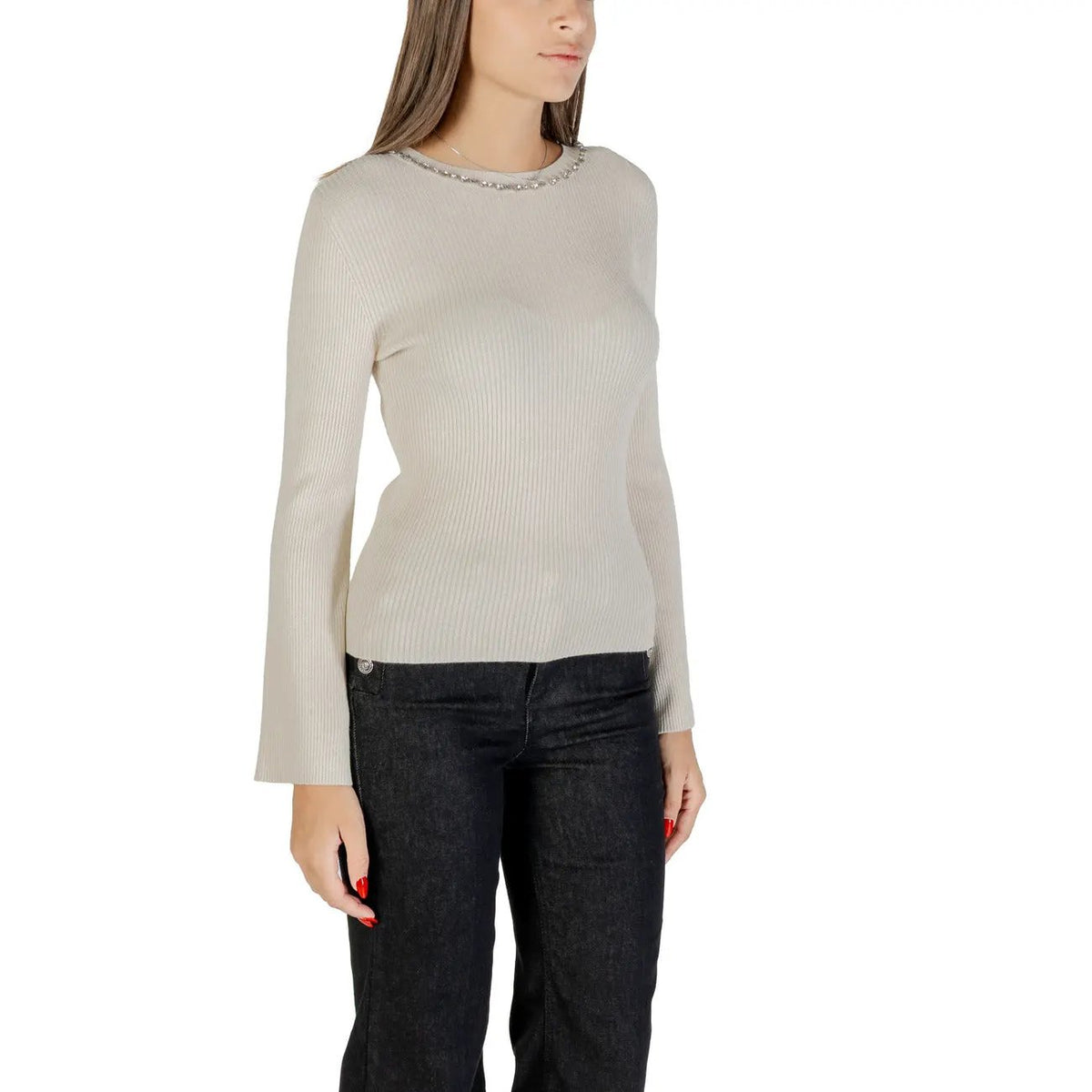 Stylish Only Women Beige Rhinestone Ribbed Knitwear Sweater Top Winter by Only