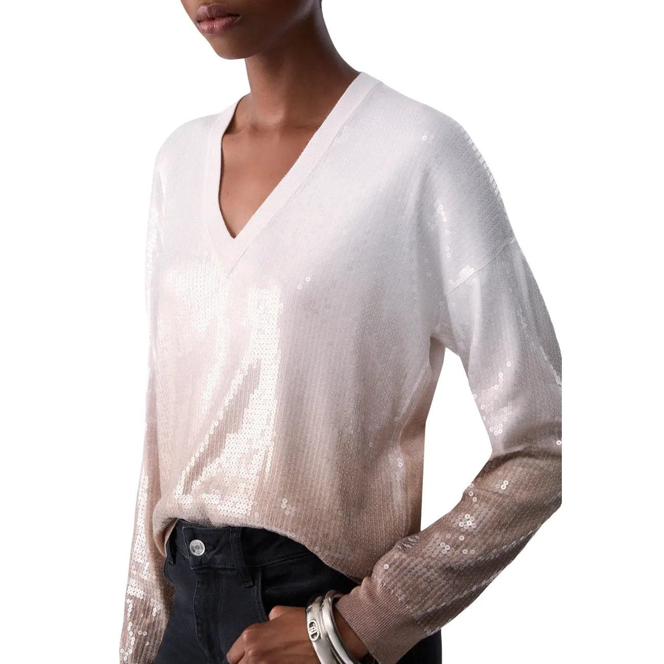 Liu Jo Women's Sequin Knit V-Neck Sweater Beige Cozy Luxe For Fall Winter by Liu Jo