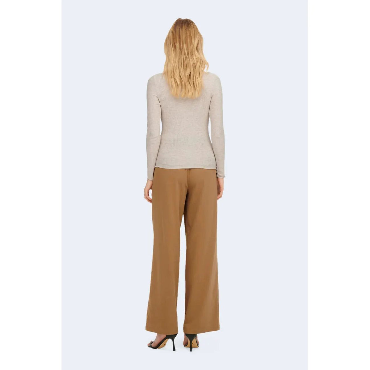 Only Women Beige Long Sleeve Ribbed Knitwear Top With Elastic Stretch by Only