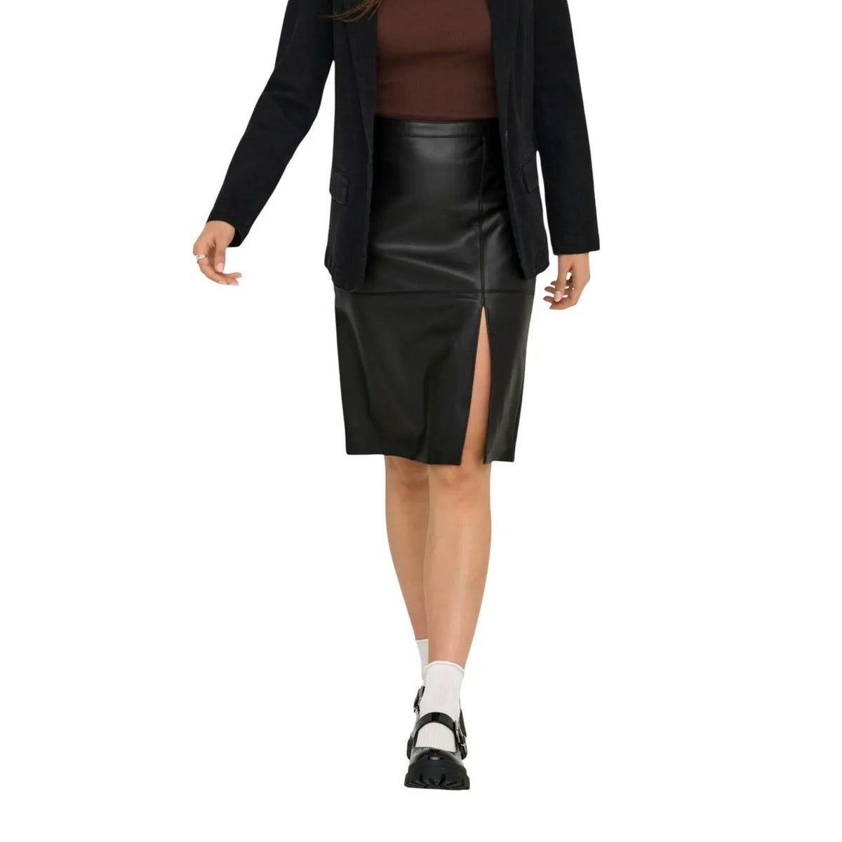 Only Women Stylish Black Polyester Pencil Skirt With Front Zip Slit Detail by Only