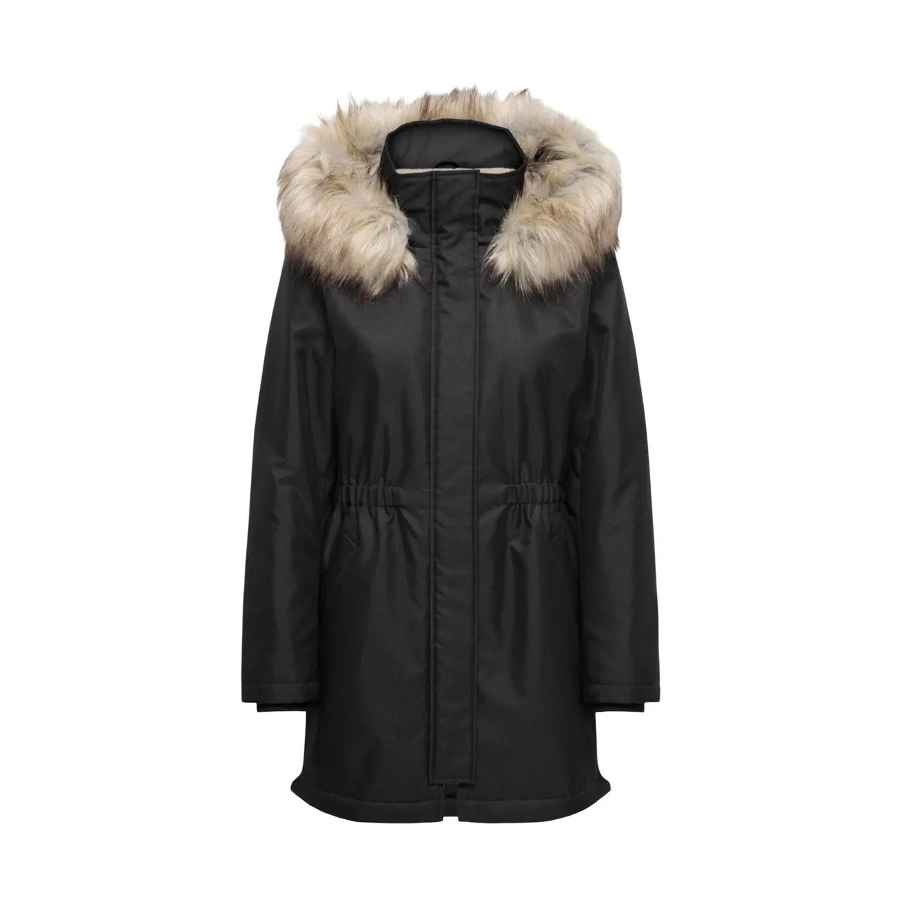 Only Women Black Winter Fur Hooded Parka Jacket With Zipper Warm Stylish by Only