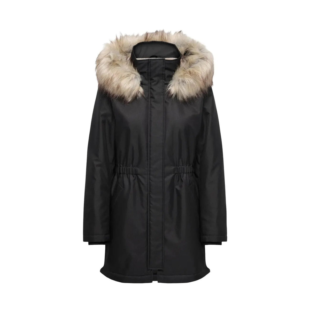 Only Women Black Winter Fur Hooded Parka Jacket With Zipper Warm Stylish by Only