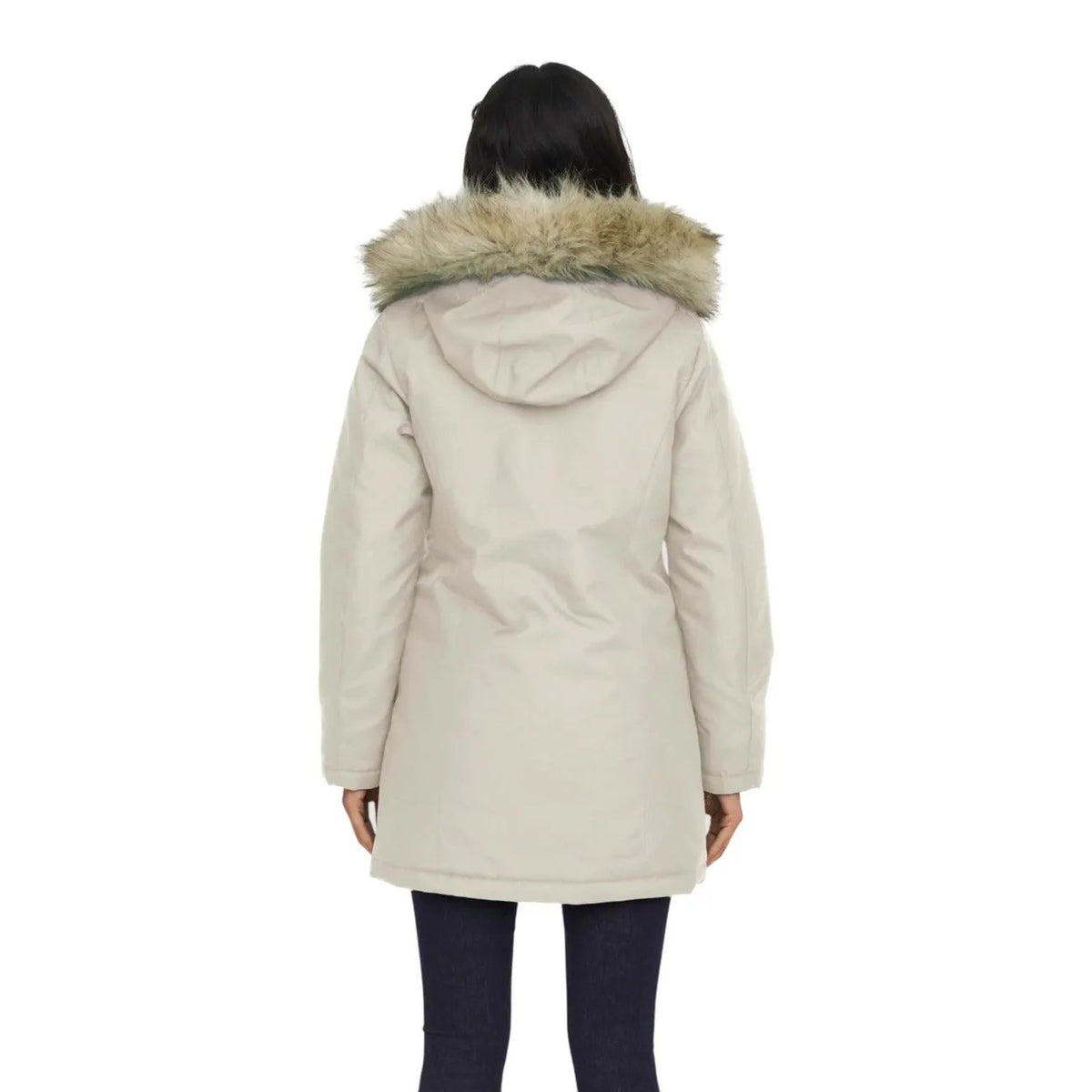 Only Women Beige Winter Jacket Long Sleeves Fur Hood Zipper Buttons by Only