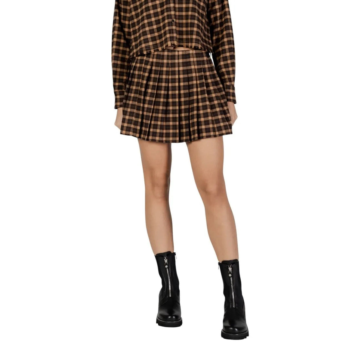 Only Women Stylish Pleated Checked Mini Skirt Brown Zip Comfortable Fit by Only