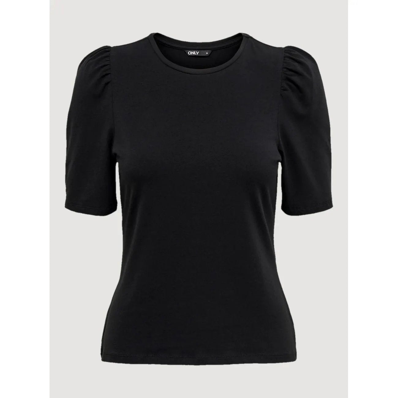 Stylish Only Women Black Puff Sleeve Comfy Cotton Blend Round Neck T Shirt by Only