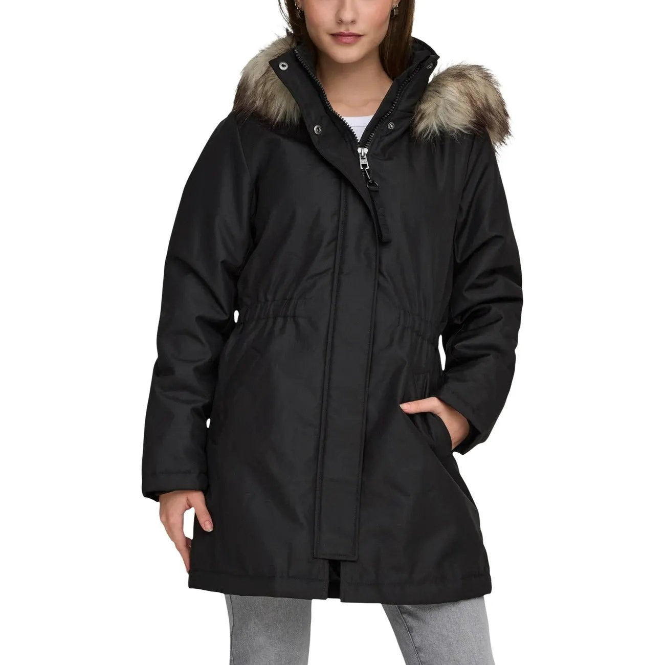 Only Women Black Winter Fur Hooded Parka Jacket With Zipper Warm Stylish by Only