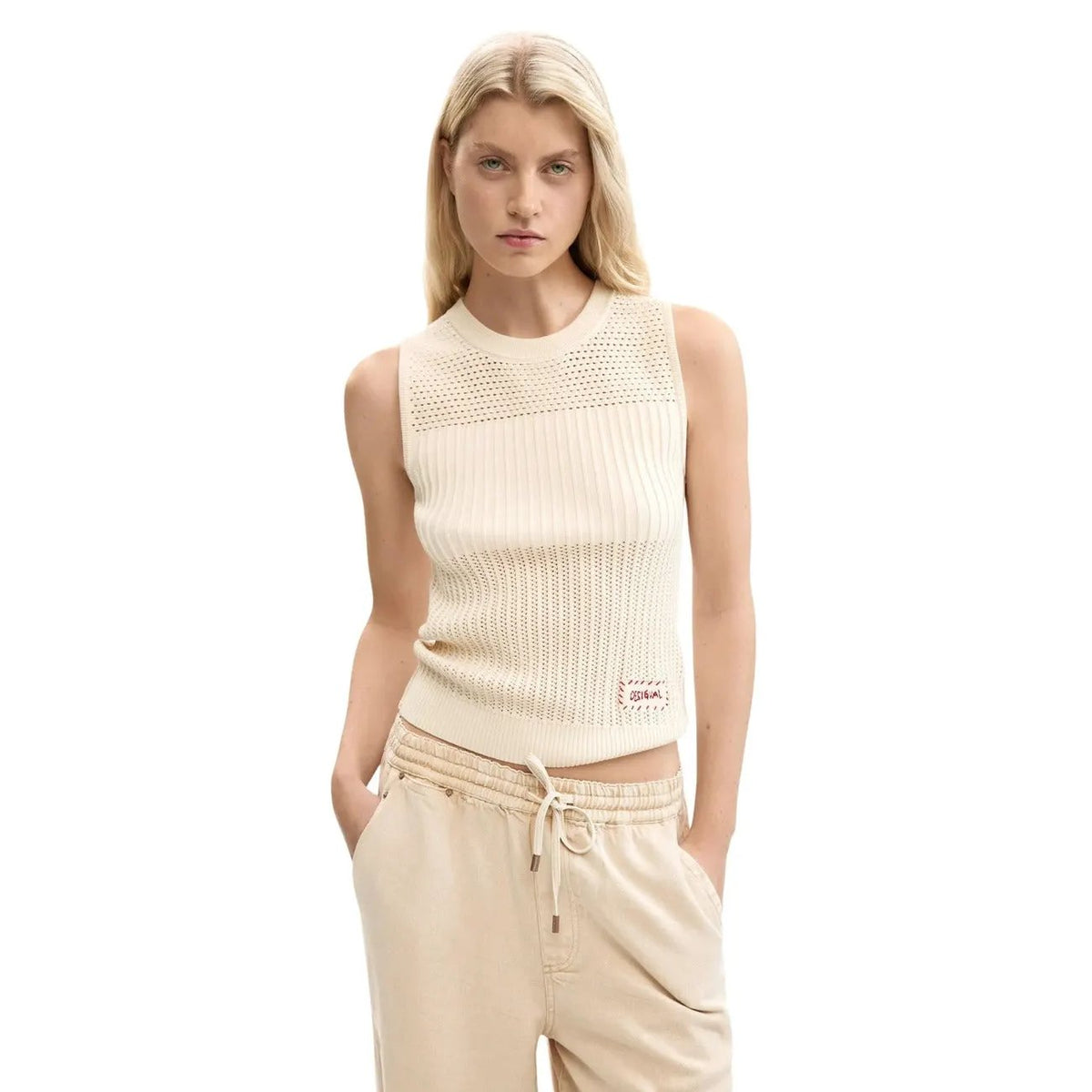 Desigual Women Stunning Beige Sleeveless Knit Top Breathable Cotton Blend by Desigual