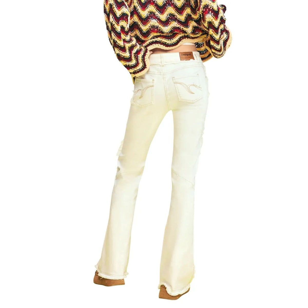 Desigual Women Beige Cotton Stretch Fringe Flare Wide Leg Jeans by Desigual