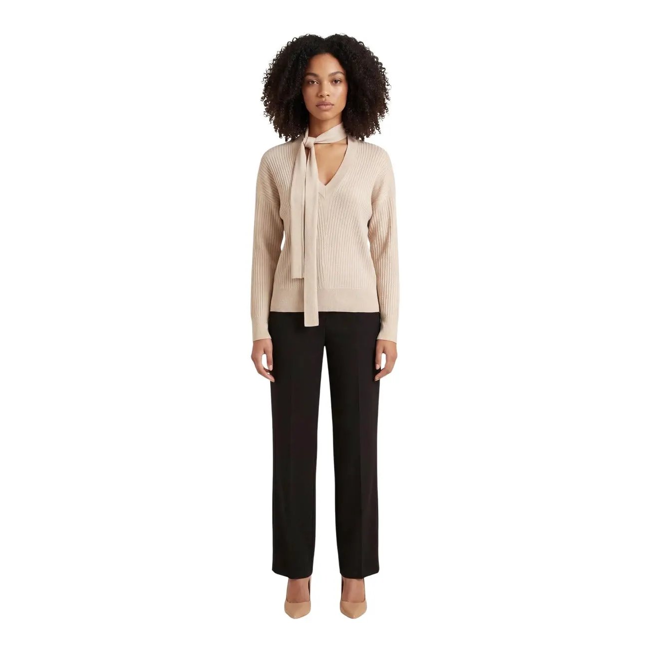 Liu Jo Women Elegant Beige Ribbed V Neck Knitwear With Tie Detail by Liu Jo