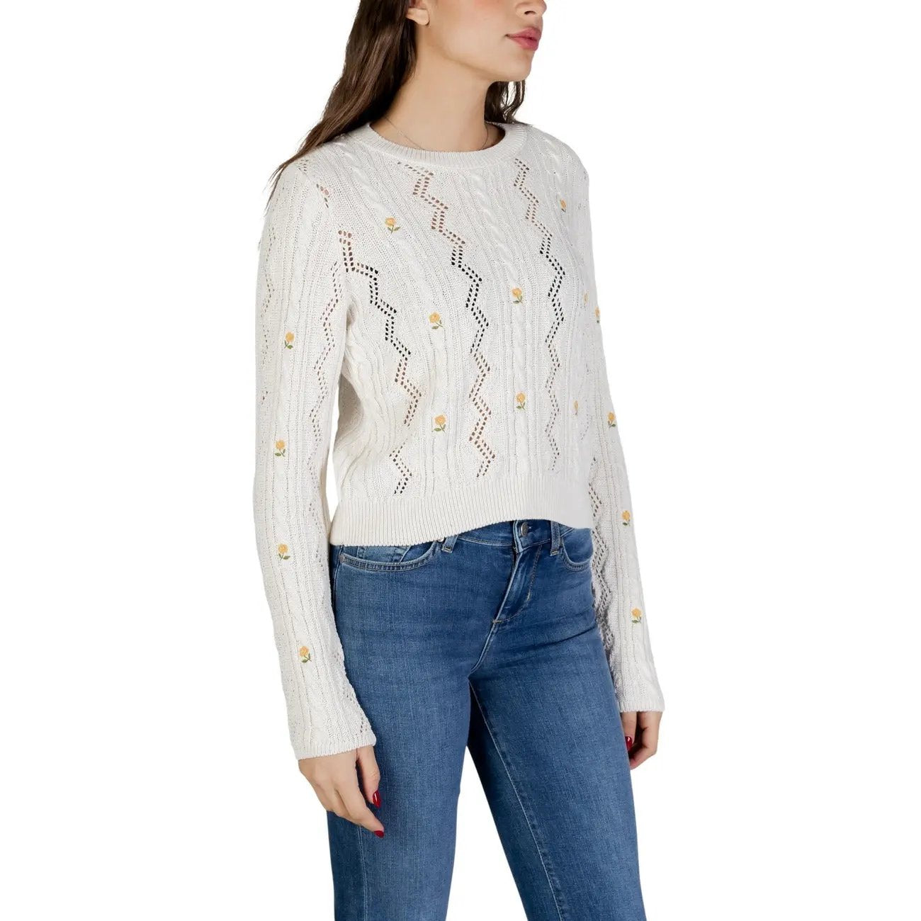 Only Women Cozy White Floral Cable Knit Sweater Long Sleeve Round Neck by Only