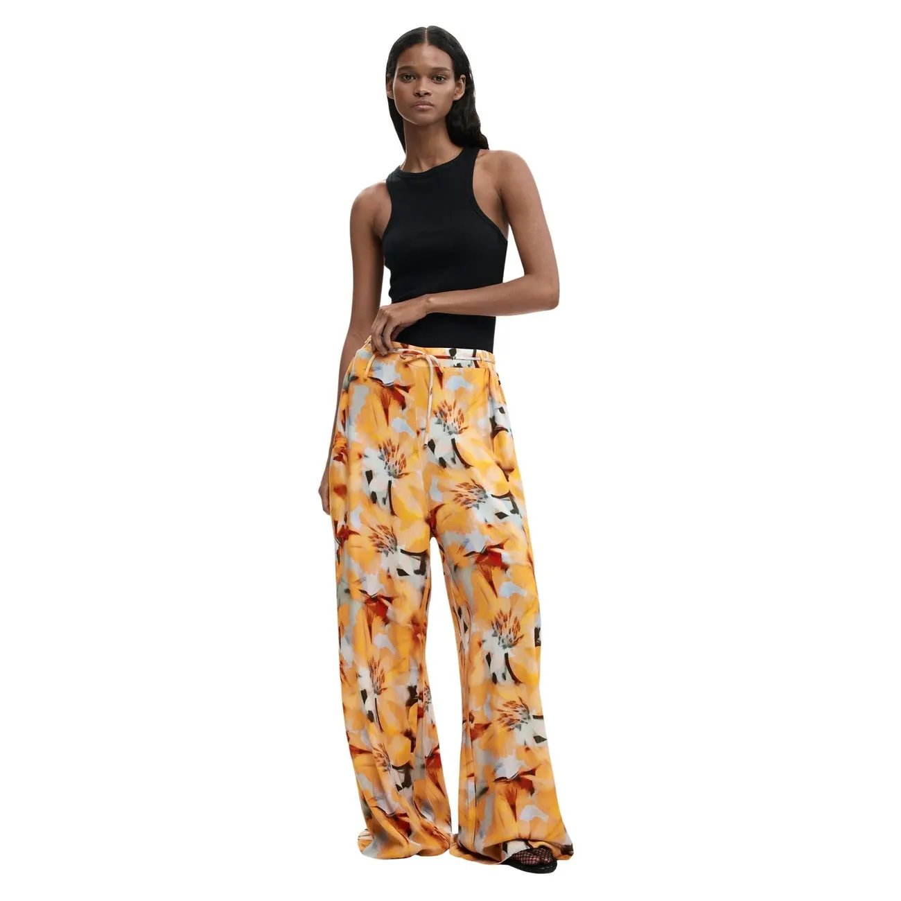 Desigual Women Vibrant Orange Floral Viscose Wide Leg Summer Trousers by Desigual