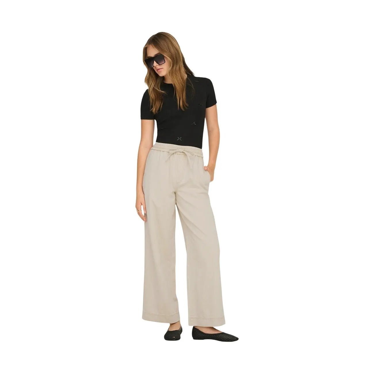 Only Women Beige Wide Leg Trousers Drawstring Waist Comfortable Lyocell by Only