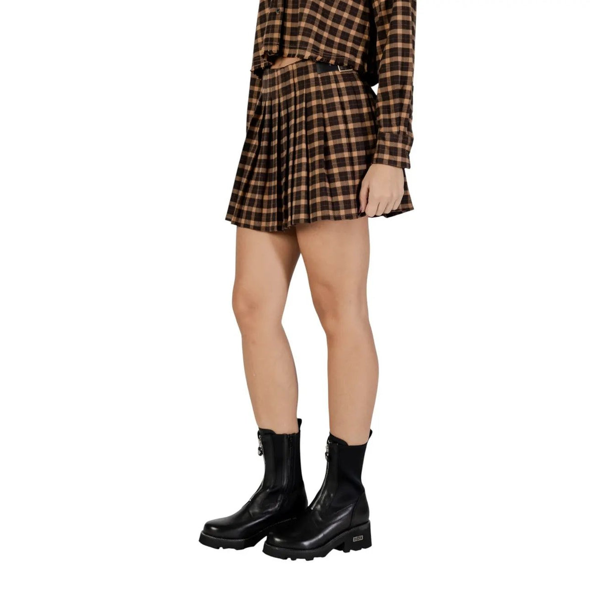 Only Women Stylish Pleated Checked Mini Skirt Brown Zip Comfortable Fit by Only