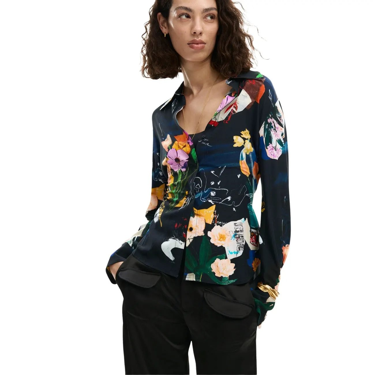 Desigual Women Elegant Black Floral V Neck Long Sleeve Button Shirt by Desigual