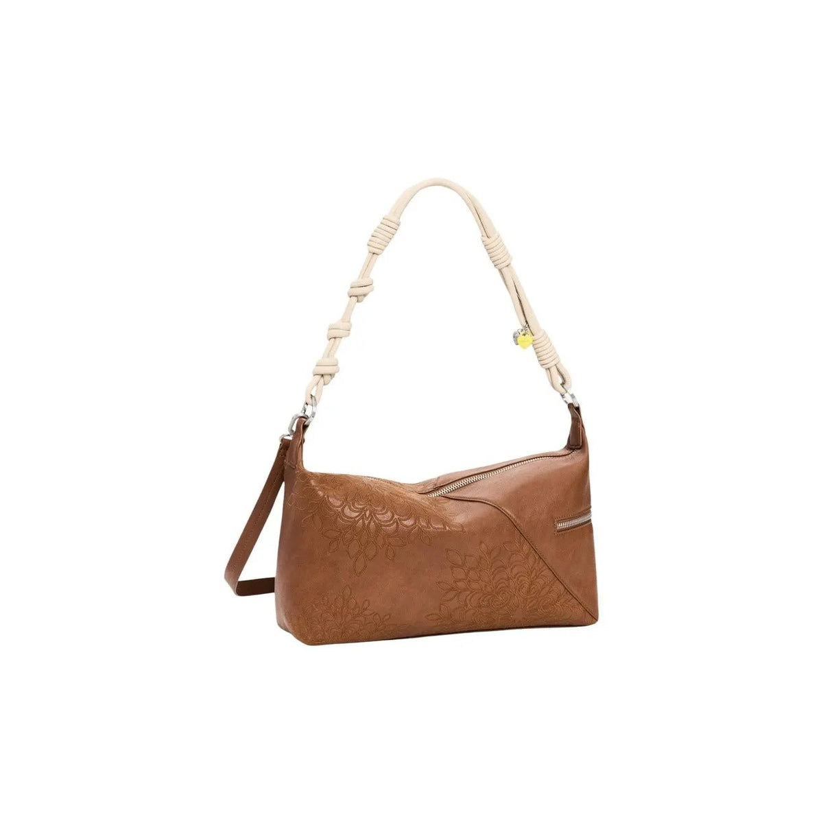 Desigual Women Camel Embossed Shoulder Bag With Knot Handle Zip Pockets by Desigual
