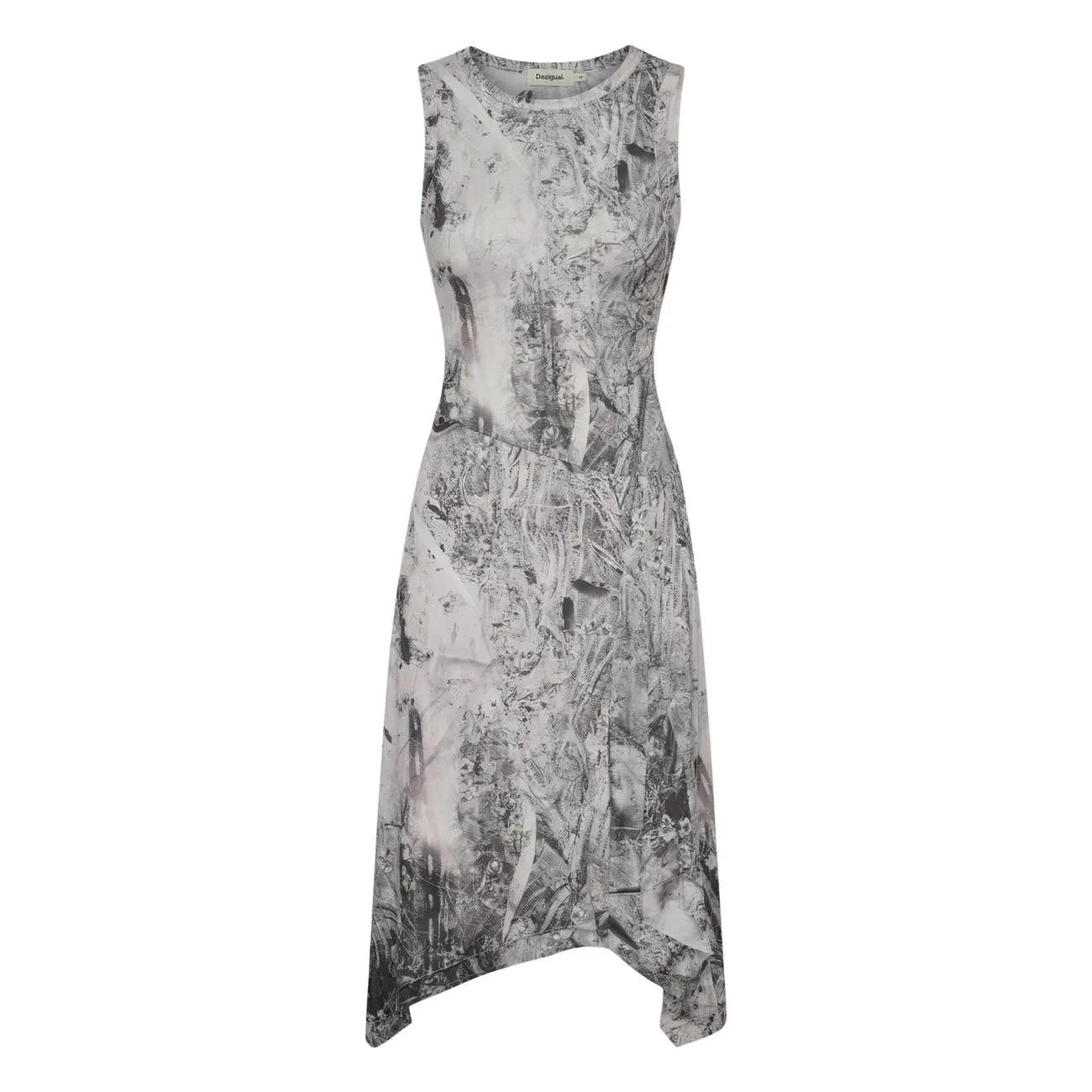 Desigual Women Grey Sleeveless Abstract Print Elastic Midi Asymmetric Dress by Desigual