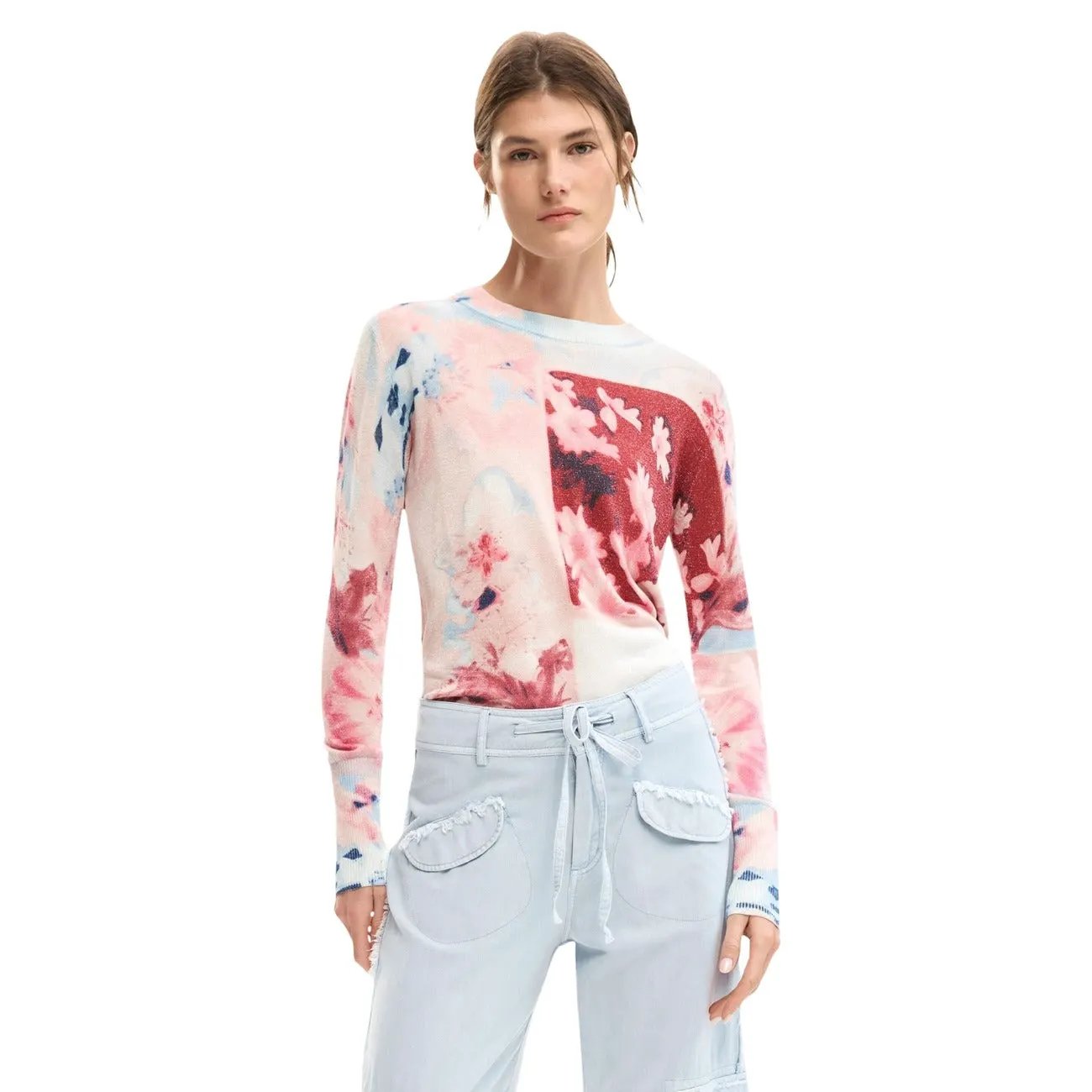 Desigual Women Stunning Pink Floral Long Sleeve Metallic Knitwear Top by Desigual