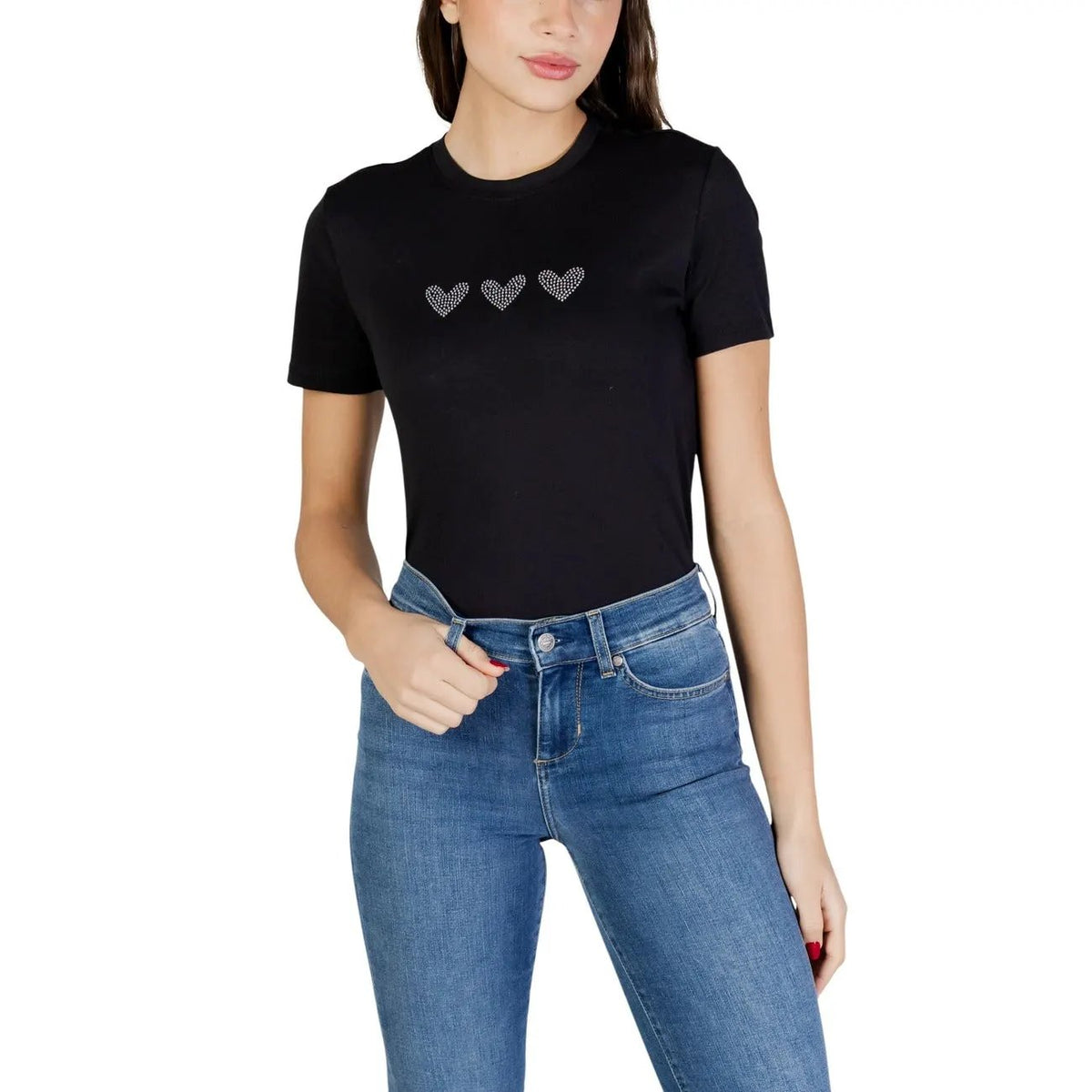 Stylish Only Women Black 100% Organic Cotton Heart Detail Short Sleeve T-Shirt by Only